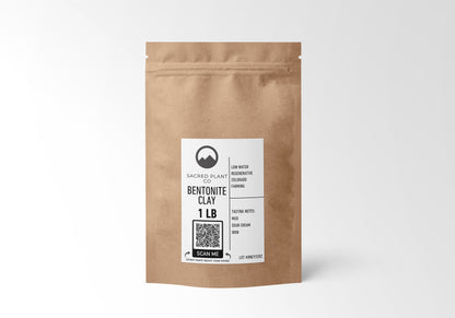 1 LB kraft paper bag of Bentonite Clay by Sacred Plant Co, perfect for detox, sourced through regenerative farming and known for its detoxifying properties.