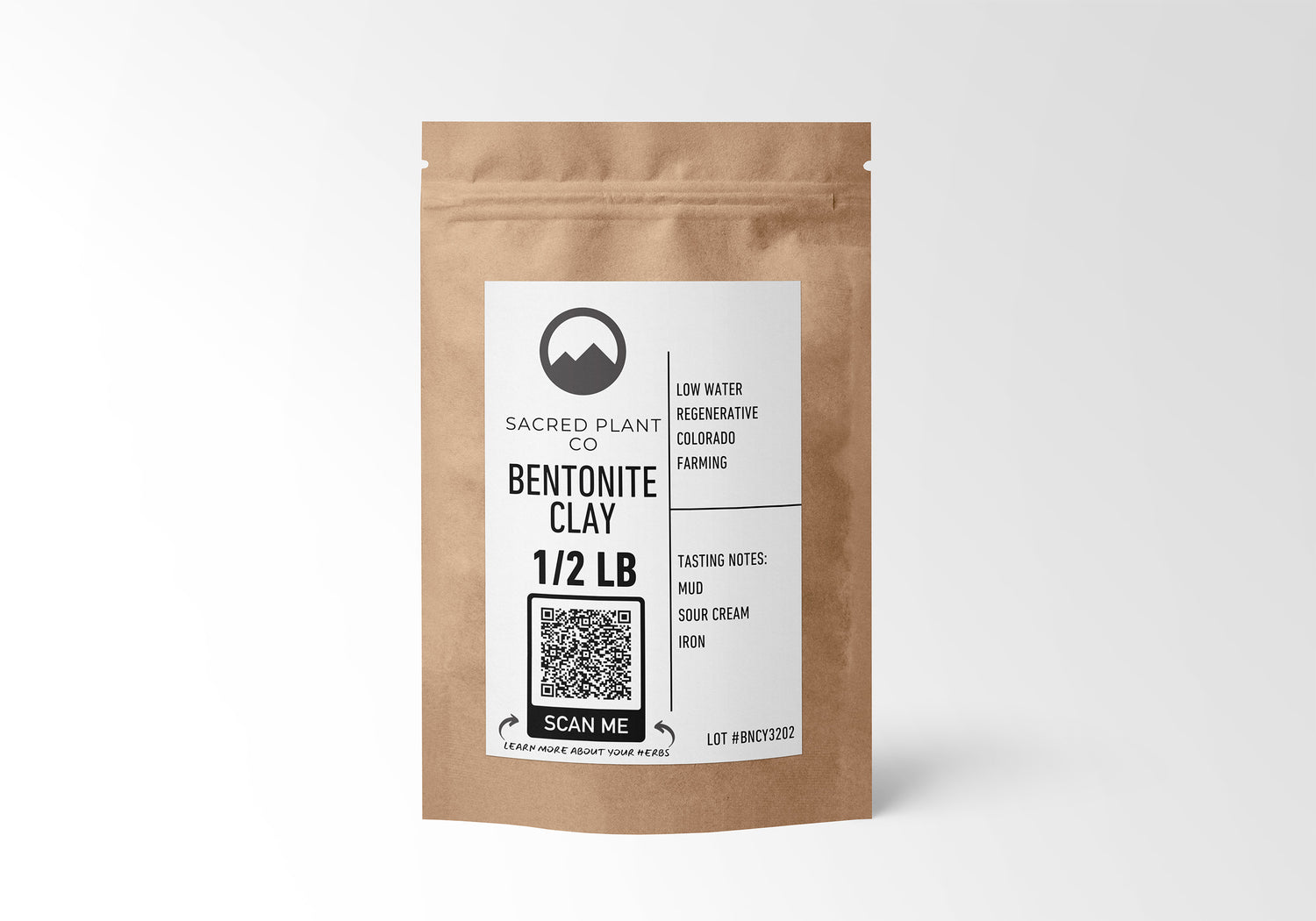 Eco-friendly kraft bag of 1/2 LB Bentonite Clay by Sacred Plant Co, sustainably sourced for detoxifying benefits and skin purification.