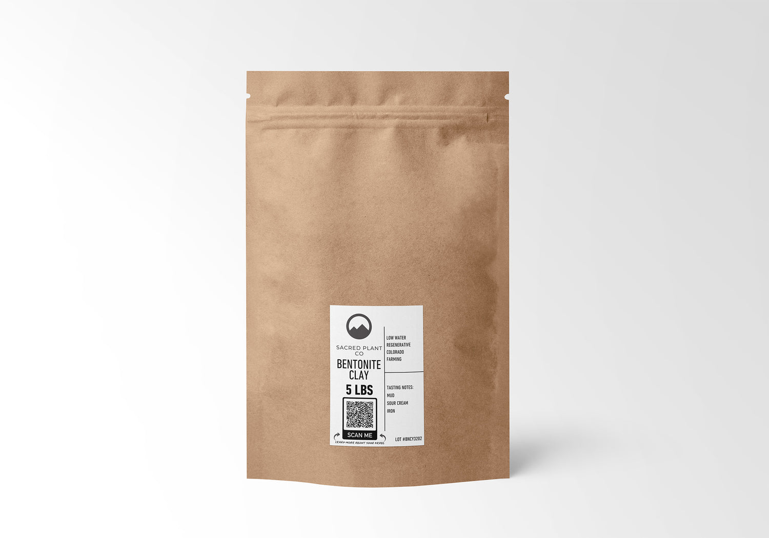 5 LBS kraft bag of Bentonite Clay from Sacred Plant Co, natural detoxifier, sustainably farmed for premium quality and sourced through sustainable Colorado farming.