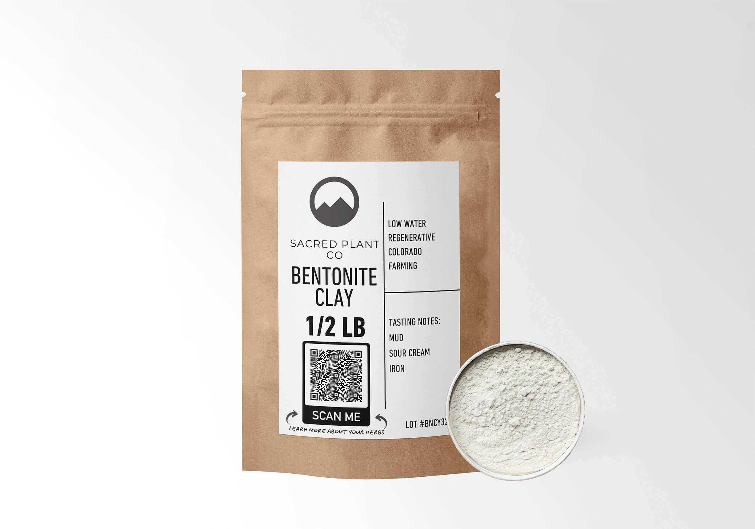 Sacred Plant Co’s ½ lb pouch of Bentonite Clay with a small bowl of powdered clay beside it. Ideal for DIY face masks and skin detox rituals.