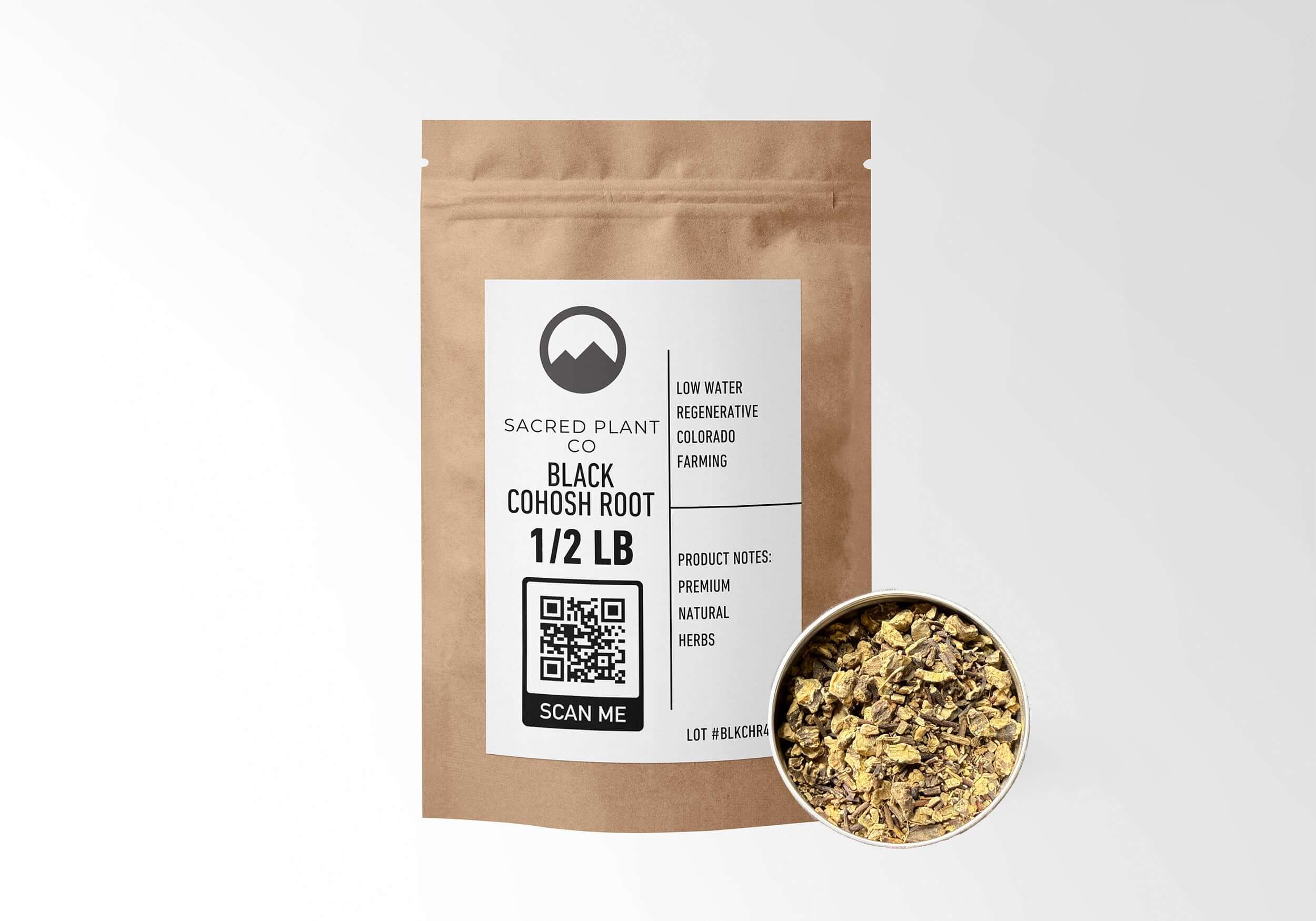 Sacred Plant Co Black Cohosh Root 1/2 LB in eco-friendly kraft paper packaging with a sample in a silver tin, used for supporting women&
