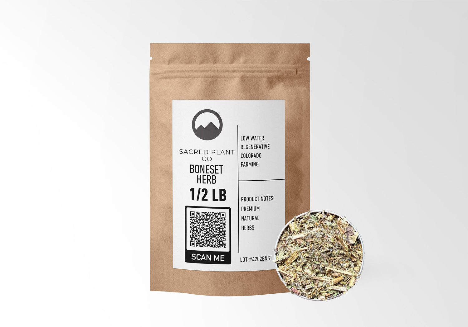 Sacred Plant Co Boneset Herb 1/2 LB in eco-friendly kraft paper packaging, sample in a silver tin, traditionally used to support immune health and ease symptoms of the common cold.