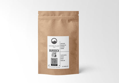 Sacred Plant Co’s Burdock Root 1 LB in biodegradable kraft bag, offering premium quality for holistic health solutions.