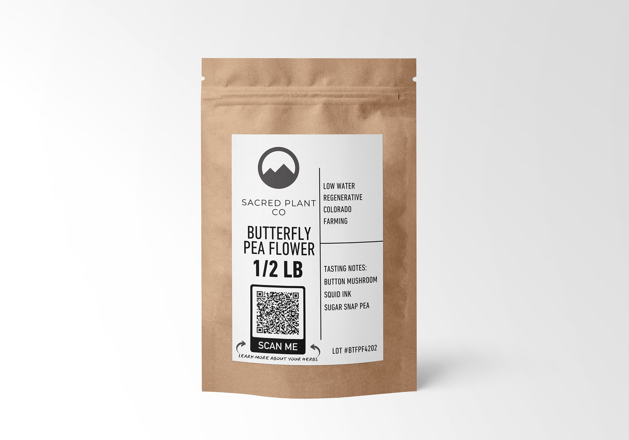 1/2 LB kraft paper bag of Sacred Plant Co’s Butterfly Pea Flower, used for blue tea, stress relief, and brain support, sustainably harvested.