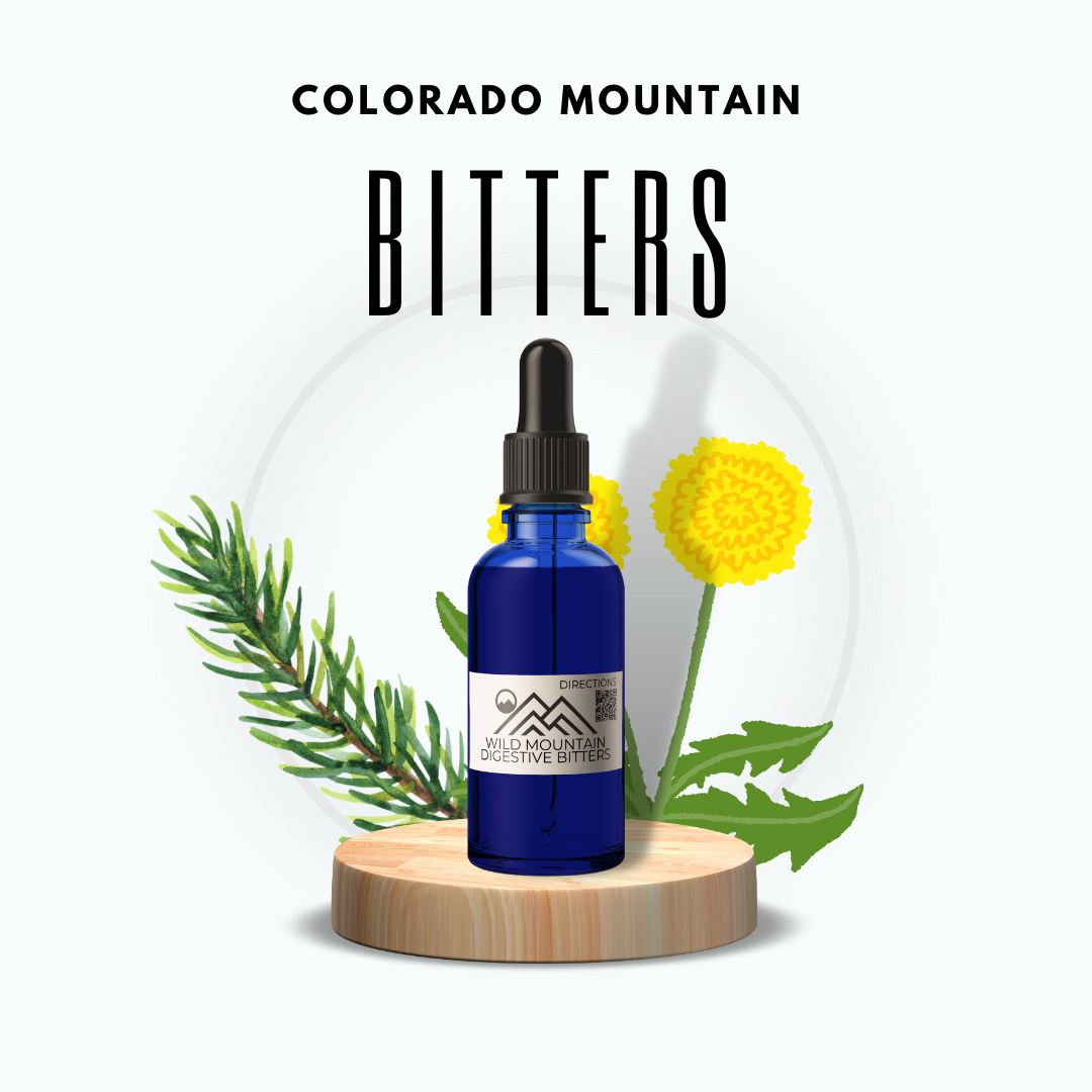 Bottle of Colorado Mountain bitters tincture beautifully framed with a backdrop of dandelion and blue spruce, signature elements of our Low Water Colorado Mountain Herb Farm