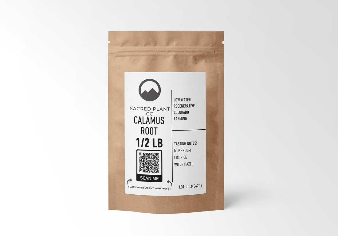 Sacred Plant Co Calamus Root 1/2 LB kraft paper packaging, highlighting sustainably sourced herbs with Mushroom, Licorice, and Witch Hazel flavors, promoting health benefits and environmental sustainability.