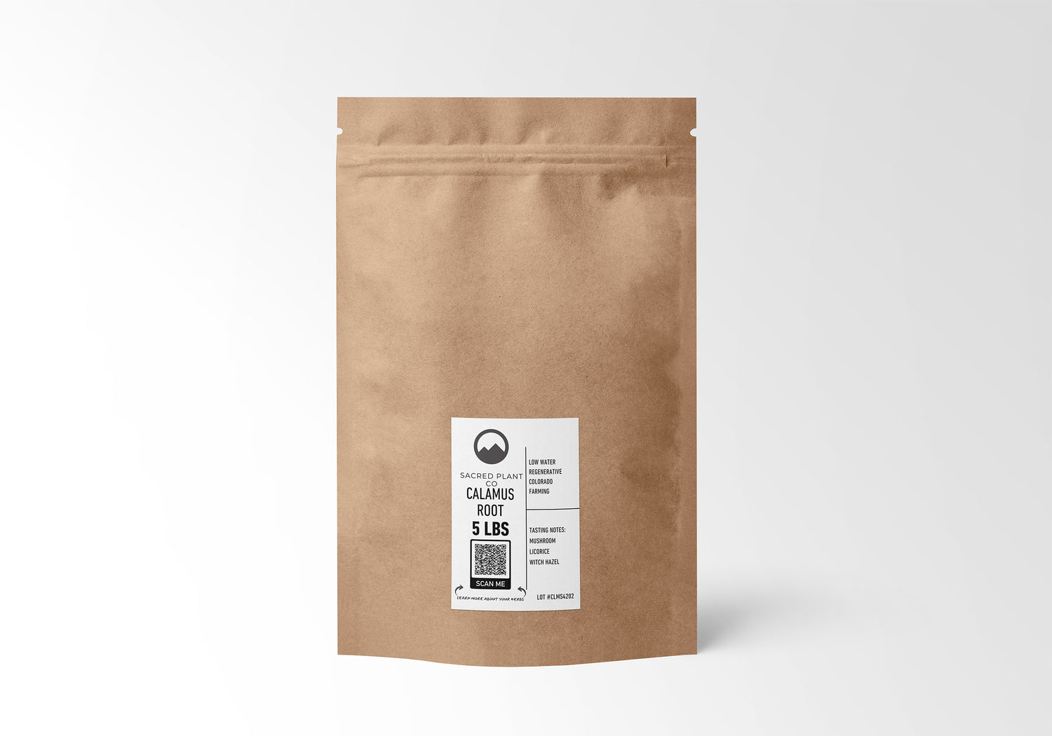 Sacred Plant Co Calamus Root 5 LBS kraft paper packaging, showcasing premium natural herbs sustainably harvested through regenerative farming. Calamus root benefits include its earthy Mushroom and Licorice flavors with a hint of Witch Hazel.