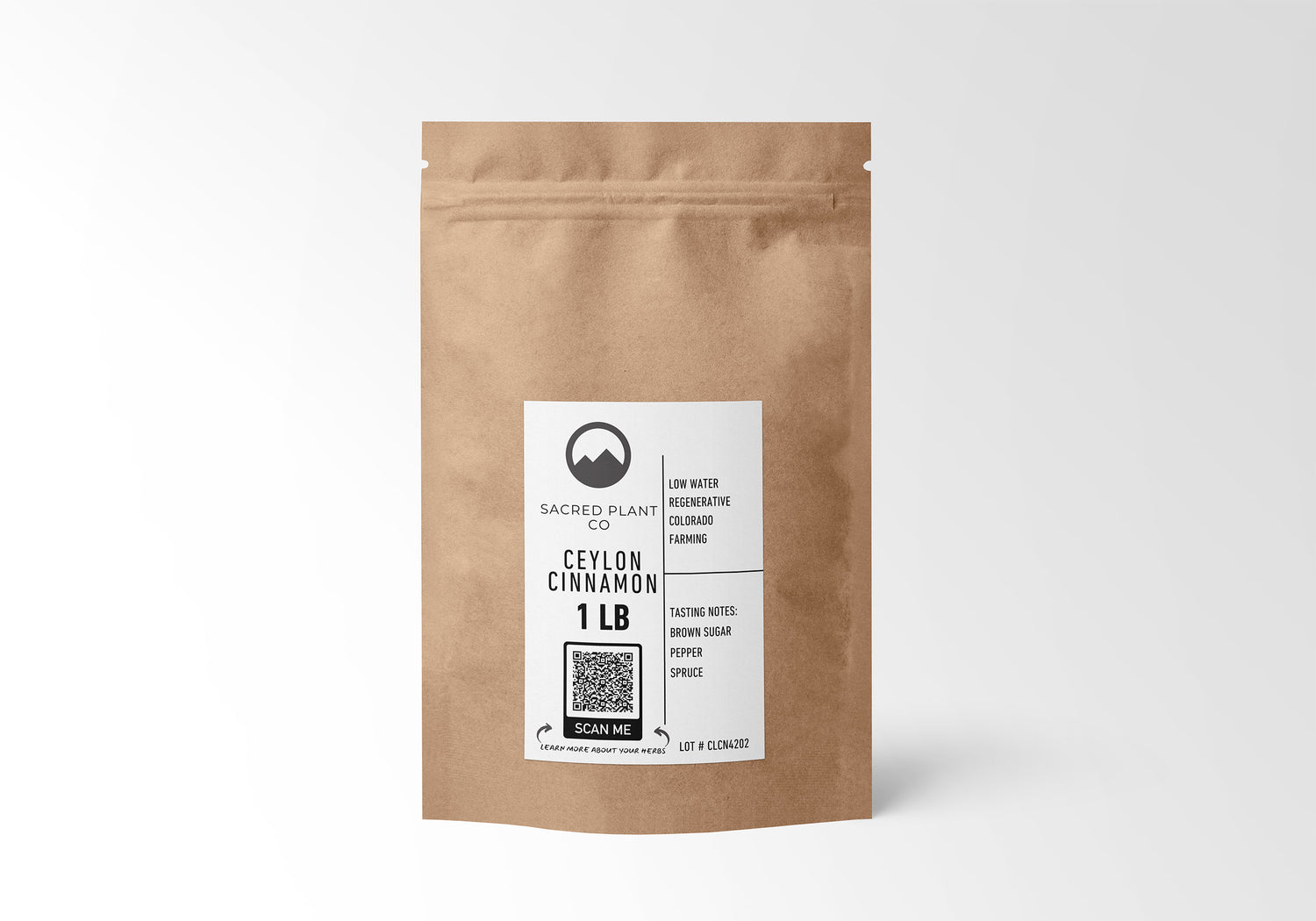 Sacred Plant Co Ceylon Cinnamon 1 LB in eco-friendly kraft bag, sustainably sourced, pure spice for health-conscious individuals.