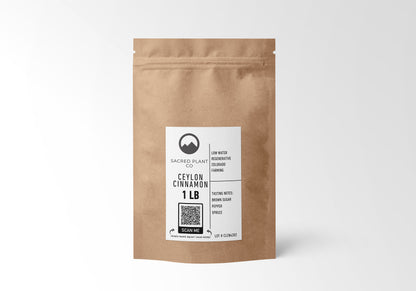 Sacred Plant Co Ceylon Cinnamon 1 LB in eco-friendly kraft bag, sustainably sourced, pure spice for health-conscious individuals.