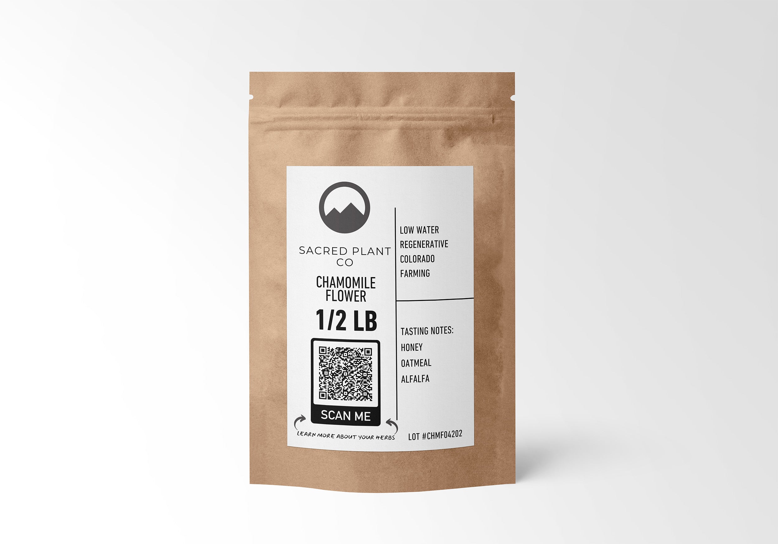 Sacred Plant Co’s 1/2 LB Chamomile Flower in eco-friendly kraft paper, sustainably farmed for relaxation and sleep support, ideal for natural remedies.