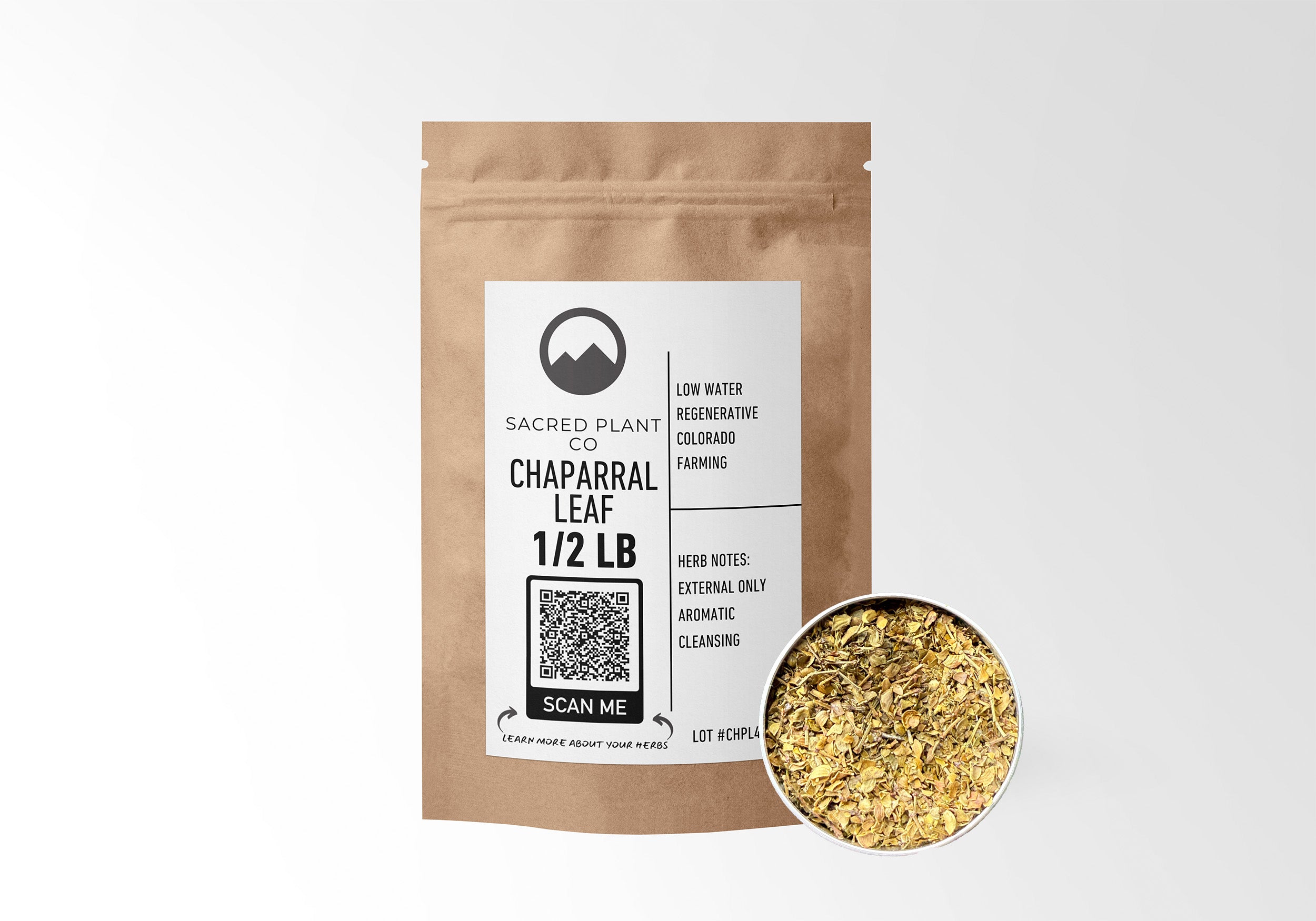 Sacred Plant Co Chaparral Leaf 1/2 LB kraft paper packaging with sample in silver tin showcasing sustainably grown herb for use in external cleansing.