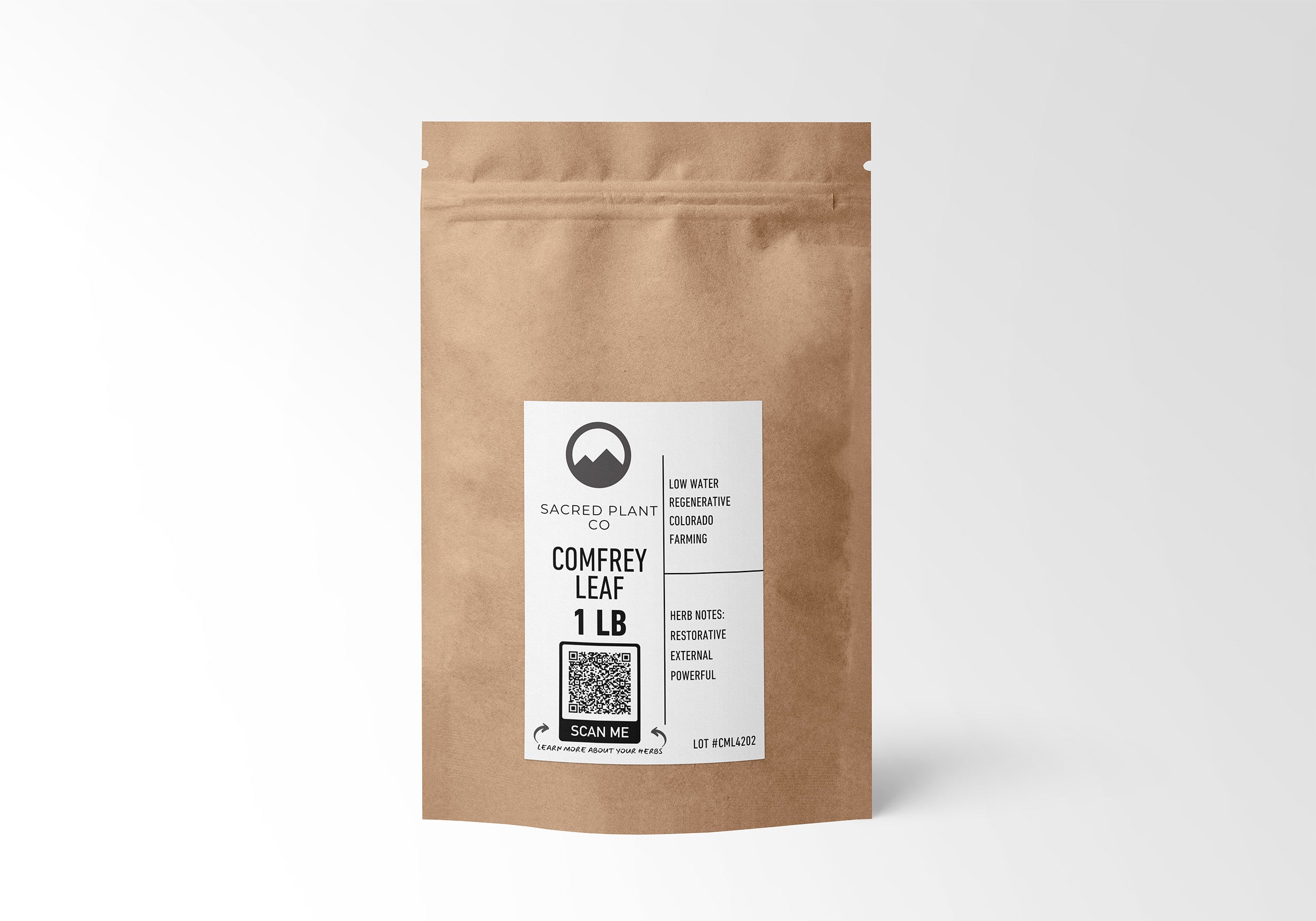 &quot;Comfrey Leaf 1 LB kraft paper packaging by Sacred Plant Co, highlighting external use and sustainable farming.&quot;