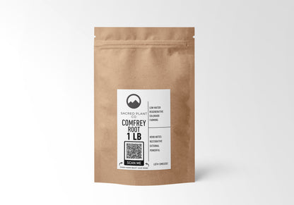 &quot;Sacred Plant Co Comfrey Root 1 LB in sustainable kraft paper packaging. Premium quality herb for external use, sourced from regenerative Colorado farming.&quot;