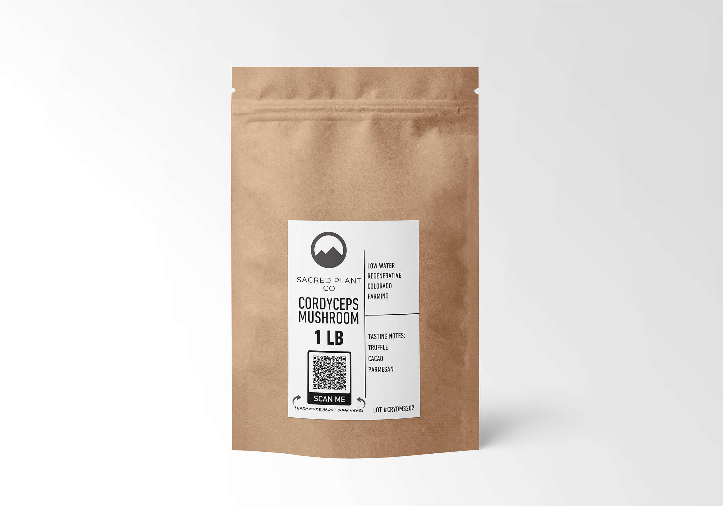 Sacred Plant Co Cordyceps Mushroom 1 LB eco-friendly bag with sustainable packaging and organic mushrooms from regenerative farming, rich in Truffle, Cacao, and Parmesan flavors. Known for enhancing vitality, energy, and immune support.