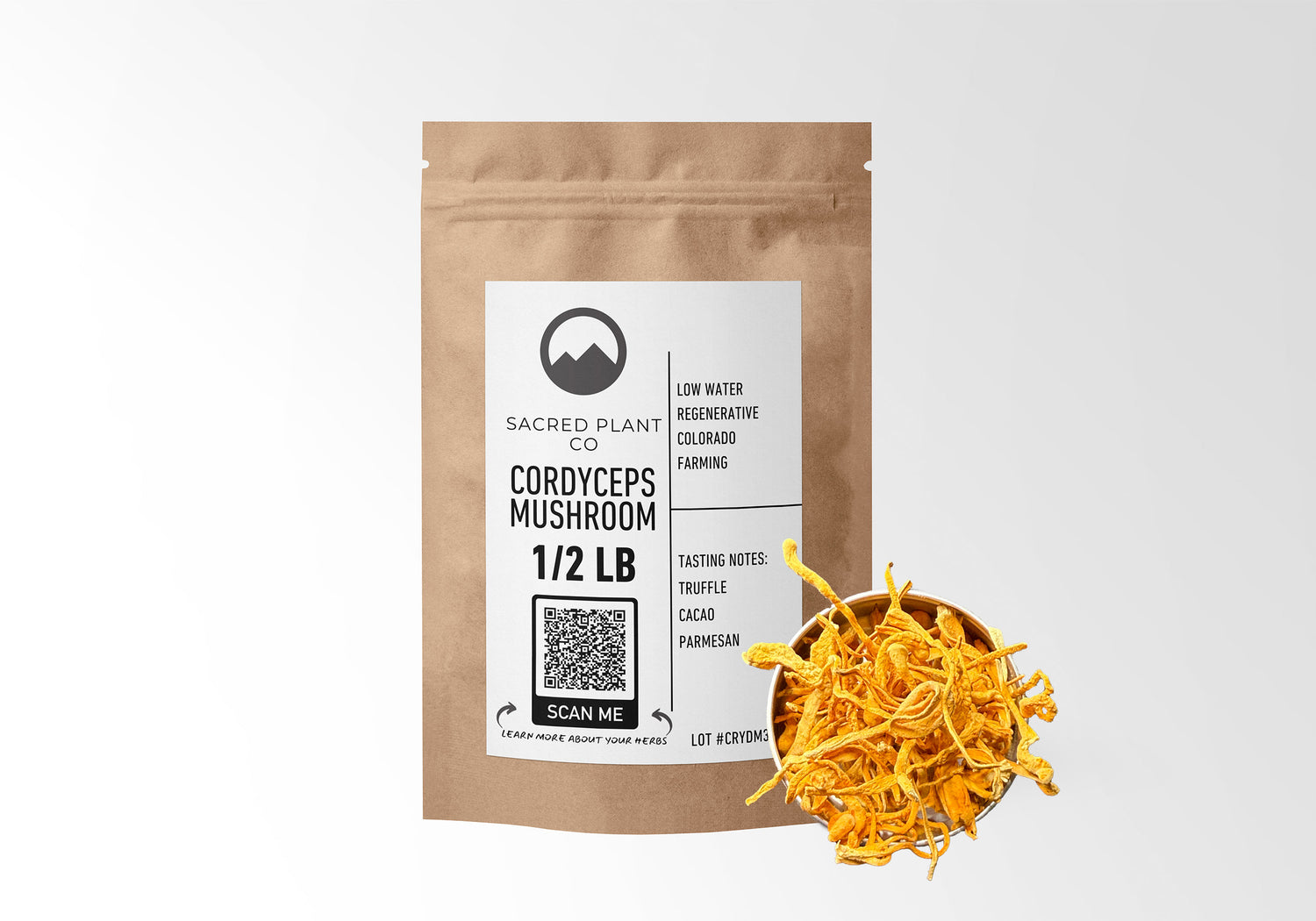 Sacred Plant Co Cordyceps Mushroom 1/2 LB in eco-friendly kraft paper packaging with a sample in a silver tin, used for enhancing energy, supporting immune function, and promoting vitality.