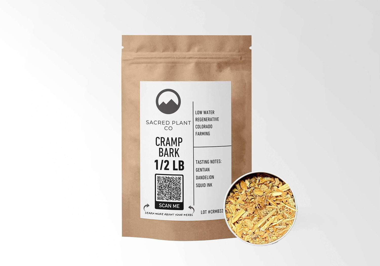 Sacred Plant Co. cramp bark in bulk bag and sample size for menstrual cramp relief