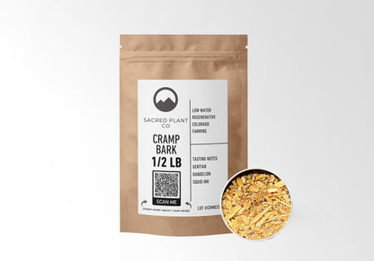 Sacred Plant Co Cramp Bark 1/2 LB kraft paper packaging with herb sample in silver tin showcasing sustainably harvested cramp bark for muscle relaxation and cramp relief benefits.