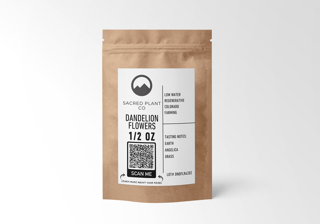 Eco-friendly kraft package of Sacred Plant Co’s Dandelion Flowers 1/2 oz, featuring low water regenerative farming practices, earthy tasting notes, and a scannable QR code linking to detailed herb info.