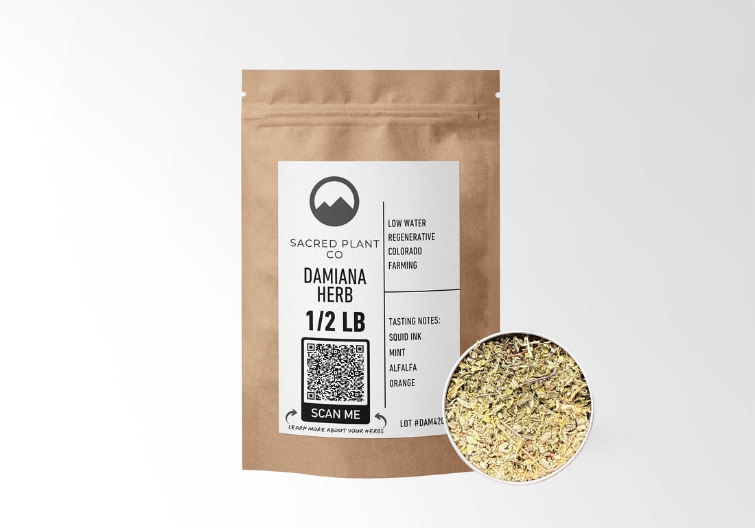 Sacred Plant Co Damiana Herb 1/2 LB kraft paper packaging with herb sample in silver tin showcasing sustainably farmed damiana herb for natural mood enhancement and wellness.