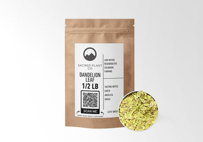 Sacred Plant Co Dandelion Leaf 1/2 LB kraft paper packaging with herb sample in silver tin showcasing sustainably grown dandelion leaf for natural detox support and wellness.