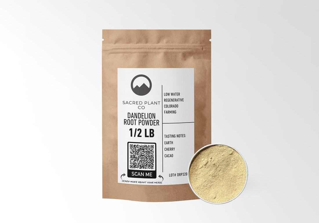 Sacred Plant Co Dandelion Root Powder in eco-friendly kraft paper packaging, sample in a silver tin, commonly used to support digestive health and detoxification.