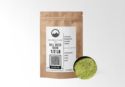 Sacred Plant Co Dill Weed Herb 1/2 LB in eco-friendly kraft paper packaging, with a sample in a silver tin. Commonly used for digestive support, promoting healthy sleep, and adding flavor to culinary dishes.