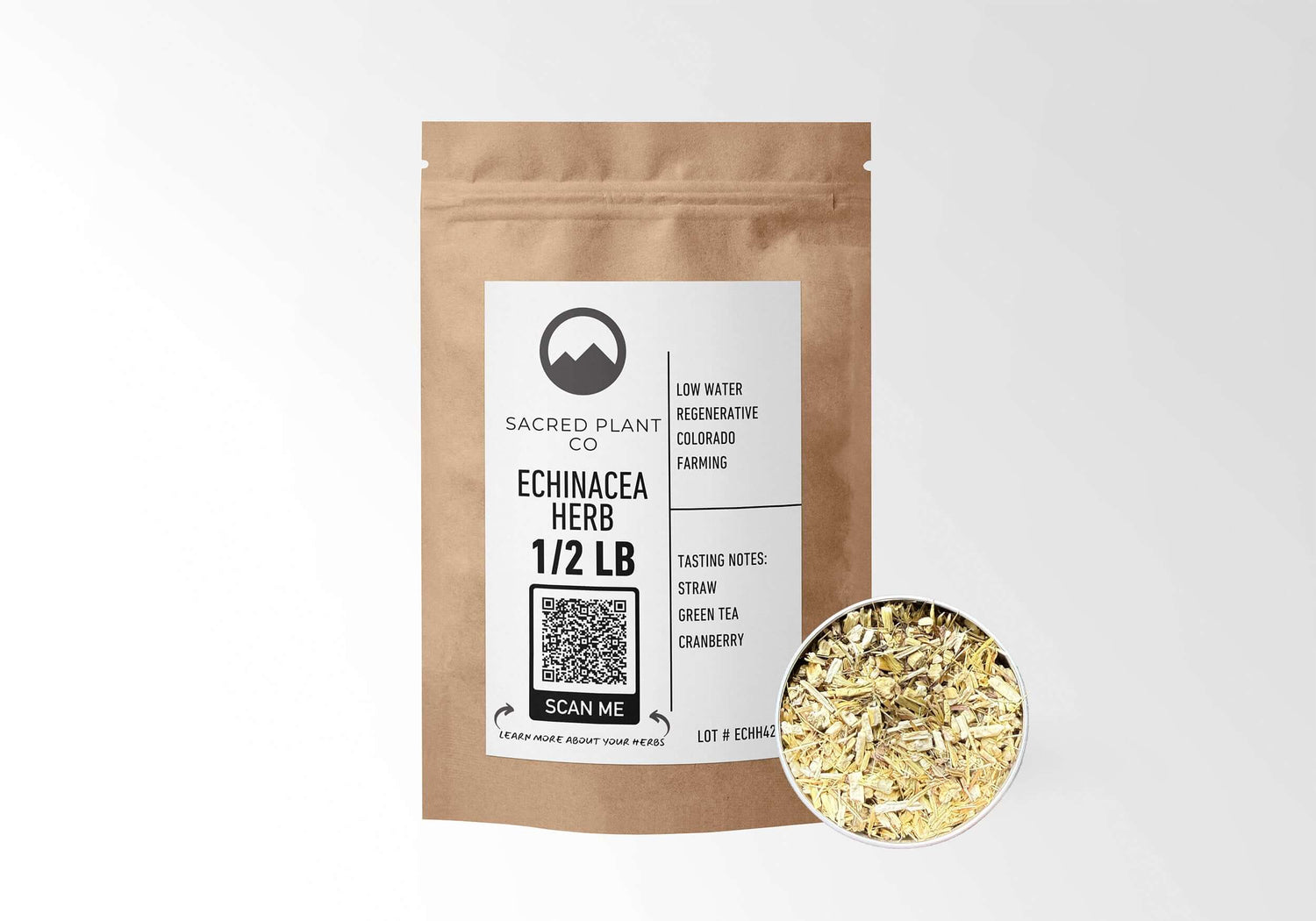 Sacred Plant Co Echinacea Herb 1/2 LB kraft paper packaging with herb sample in silver tin highlighting sustainably grown echinacea herb for natural immune support and wellness