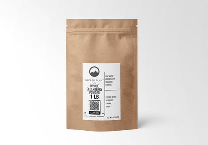 1 LB kraft paper bag of Sacred Plant Co’s Whole Elderberry Powder, sustainably sourced, packed with antioxidants, supporting immune system and skin health in eco-conscious packaging.