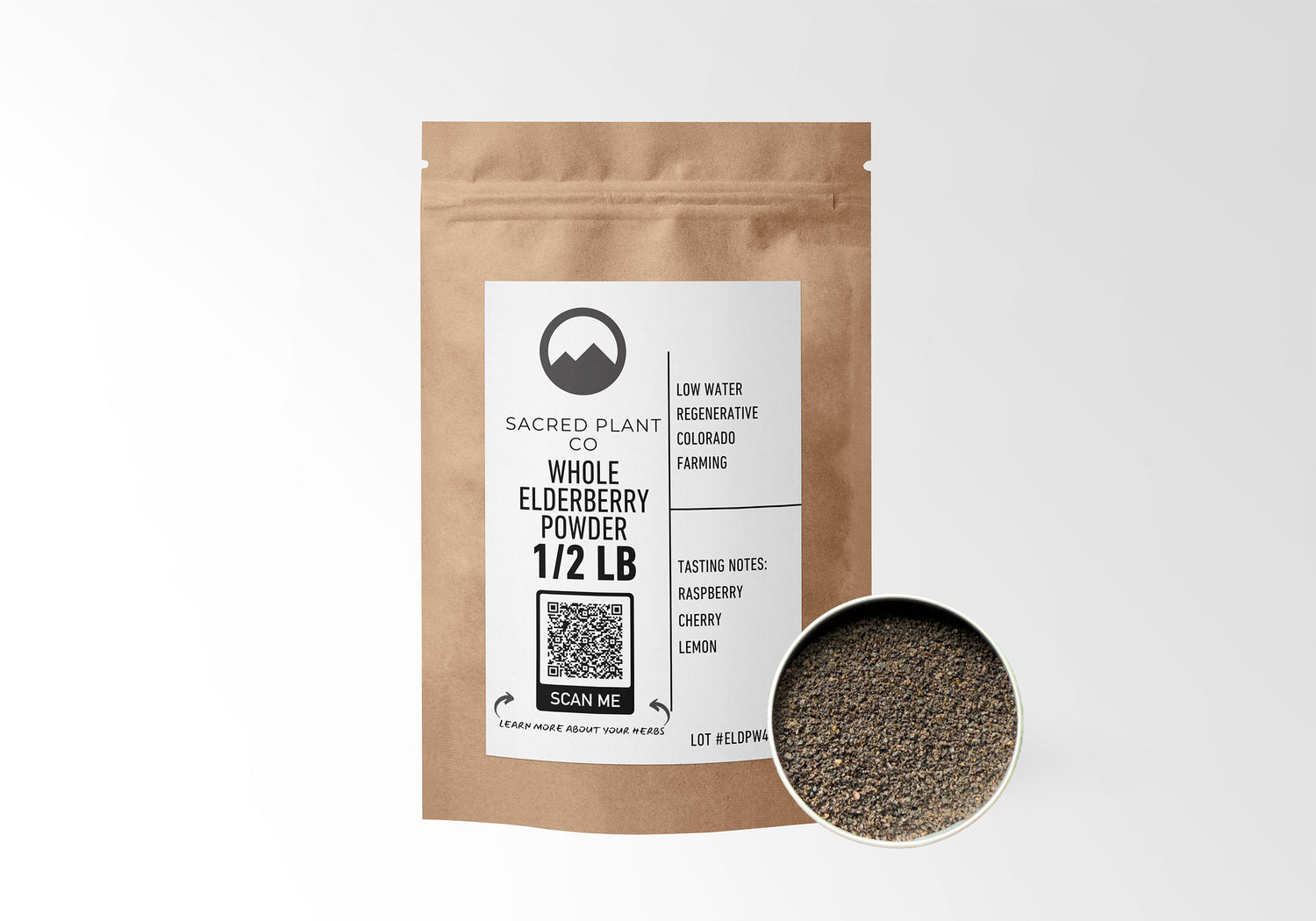 Sacred Plant Co Whole Elderberry Powder in eco-friendly kraft paper packaging, sample in a silver tin, used for immune support and as a natural remedy to help combat cold and flu symptoms.