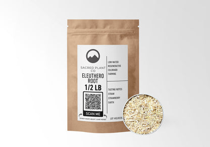 Sacred Plant Co Eleuthero Root 1/2 LB in eco-friendly kraft paper packaging with a sample in a silver tin, traditionally used for supporting energy levels and managing stress.