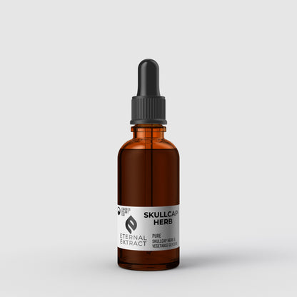 A clear image showcasing the Eternal Extract Skullcap Herb tincture in a 1-ounce amber glass bottle, emphasizing its pure, high-quality herbal glycerin formula.