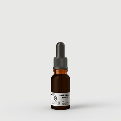 A half-ounce Eternal Extract Skullcap Herb tincture in a compact amber bottle, perfect for travel or small-scale use, placed on a clean, light backdrop.