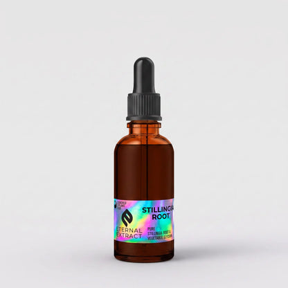 Sacred Plant Co Eternal Extract Stillingia Root tincture in a 1 oz amber glass dropper bottle with a holographic foil label reading pure Stillingia root and vegetable glycerin, on a light grey background.