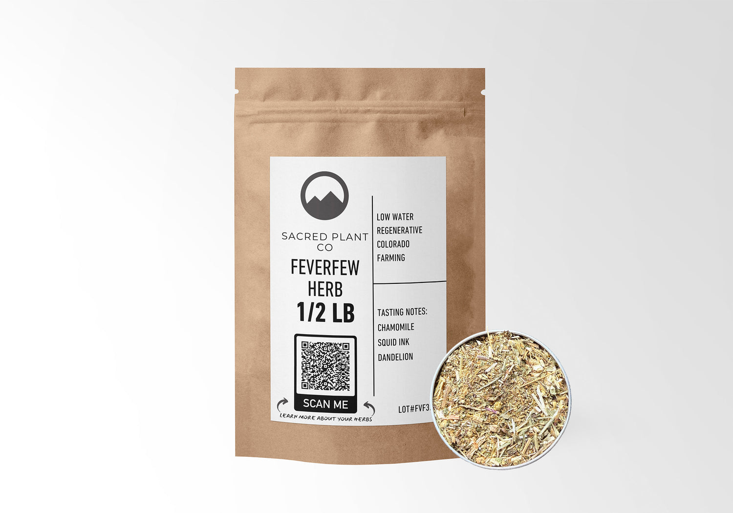 Sacred Plant Co Feverfew Herb 1/2 LB in eco-friendly kraft paper packaging, with a sample in a silver tin. Traditionally used for migraine relief, reducing inflammation, and supporting healthy immune function.