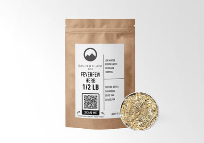 Sacred Plant Co Feverfew Herb 1/2 LB in eco-friendly kraft paper packaging, with a sample in a silver tin. Traditionally used for migraine relief, reducing inflammation, and supporting healthy immune function.