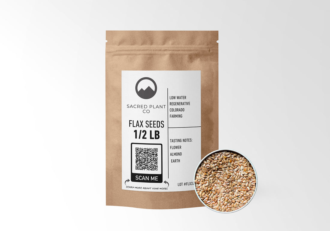 Sacred Plant Co Flax Seeds 1/2 LB in eco-friendly kraft paper packaging, with a sample in a silver tin. Used for supporting heart health, improving digestion, and providing a source of omega-3 fatty acids.