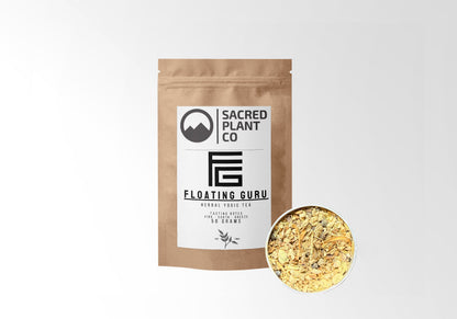 Sacred Plant Co Floating Guru Herbal Yogic Tea in 50 grams kraft packaging with a sample of the herbal blend, emphasizing natural wellness and premium quality.