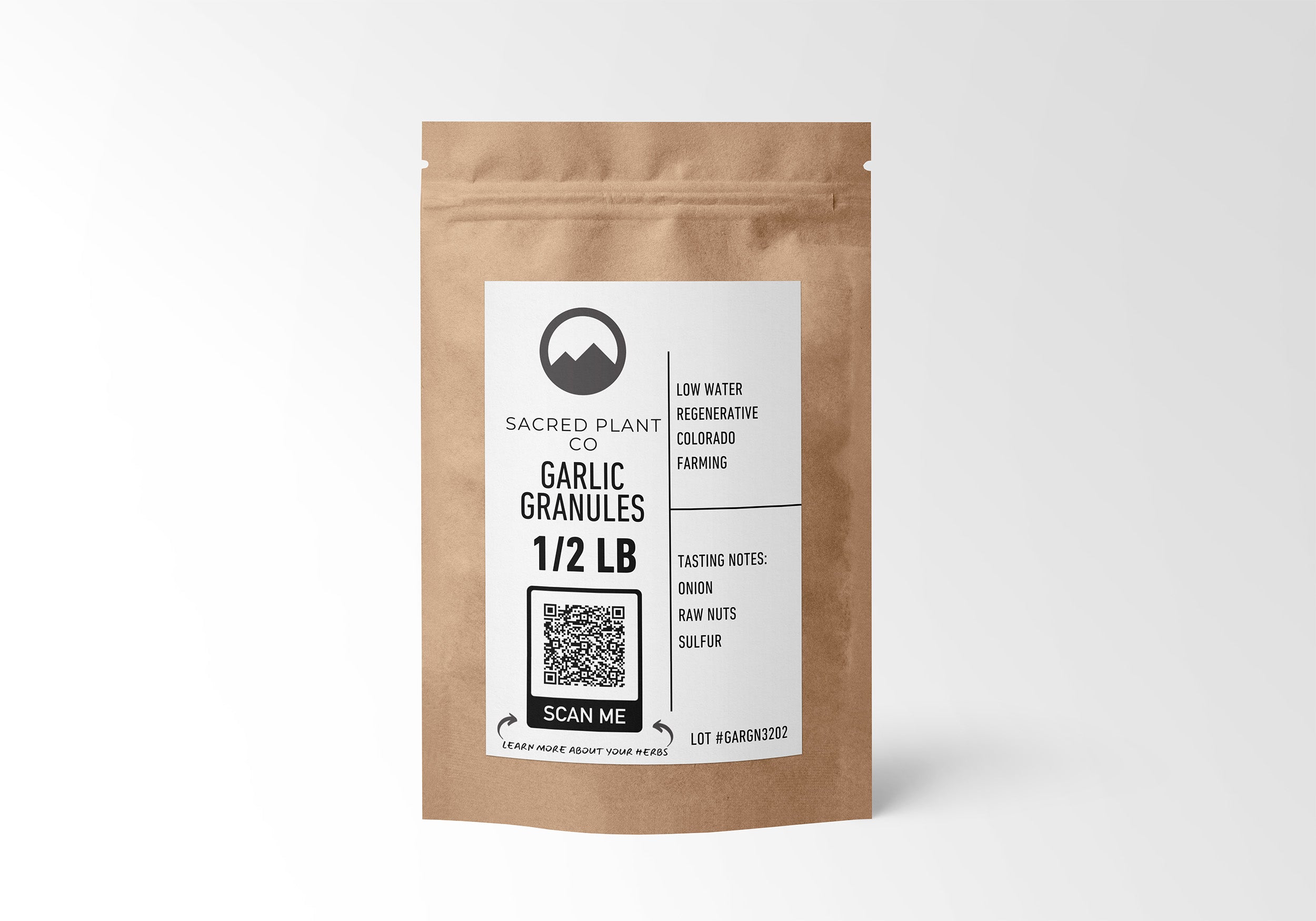 Sacred Plant Co Garlic Granules 1/2 LB in sustainable kraft paper packaging, featuring Garlic Granules with Robust Onion, Raw Nuts, and Sulfur flavors. Premium herb perfect for culinary dishes and health benefits.