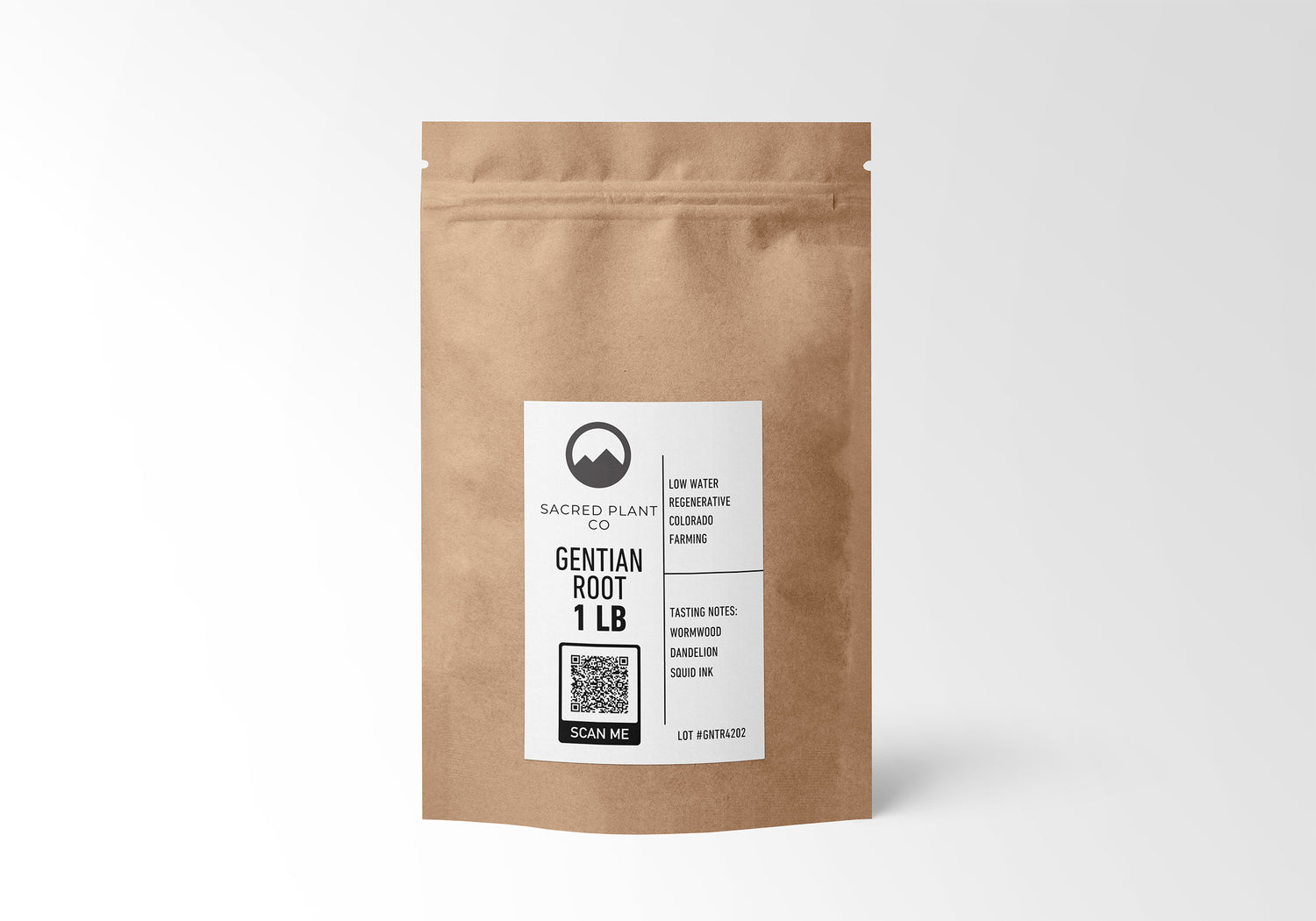 &quot;Sacred Plant Co 1 LB Gentian Root in eco-friendly packaging, harvested from regenerative Colorado farms. Tasting notes: Wormwood, Dandelion, Squid Ink. Great for digestive support, liver health, and herbal bitters.&quot;