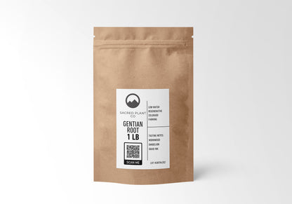 &quot;Sacred Plant Co 1 LB Gentian Root in eco-friendly packaging, harvested from regenerative Colorado farms. Tasting notes: Wormwood, Dandelion, Squid Ink. Great for digestive support, liver health, and herbal bitters.&quot;