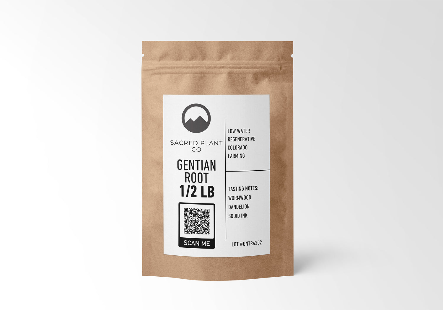 Sacred Plant Co 1/2 LB Gentian Root in eco-friendly packaging, cultivated with sustainable Colorado farming practices. Tasting notes: Wormwood, Dandelion, Squid Ink. Perfect for digestive health and liver function support.