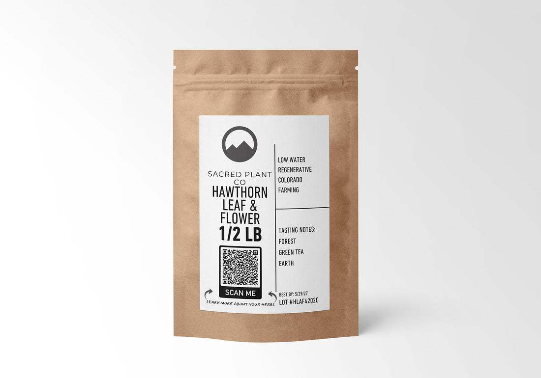 Half-pound Hawthorn Leaf &amp; Flower in sustainable kraft paper, promoting cardiovascular wellness, cultivated through low-water farming practices.