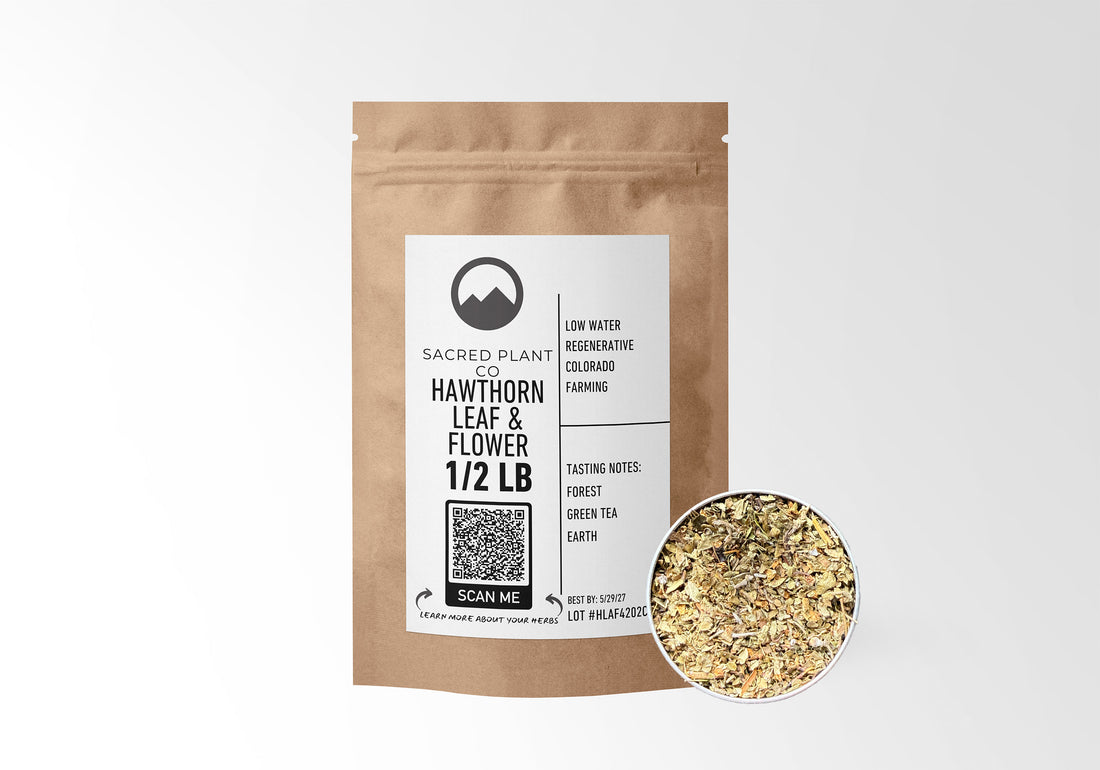 Sacred Plant Co Hawthorn Leaf &amp; Flower 1/2 LB in eco-friendly kraft paper packaging, featuring a sample of the herb in a silver tin, supports cardiovascular health and circulation.