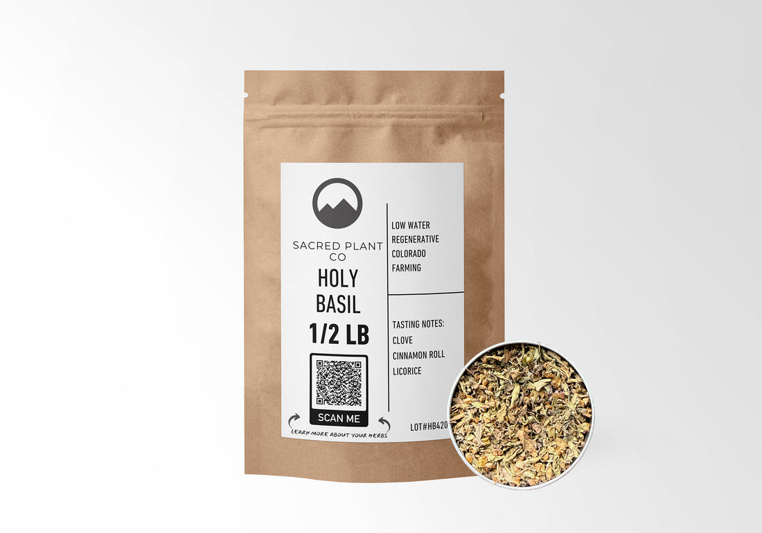 Sacred Plant Co Holy Basil 1/2 LB in eco-friendly kraft paper packaging, with a sample of the herb in a silver tin, known for stress relief and promoting overall wellness.