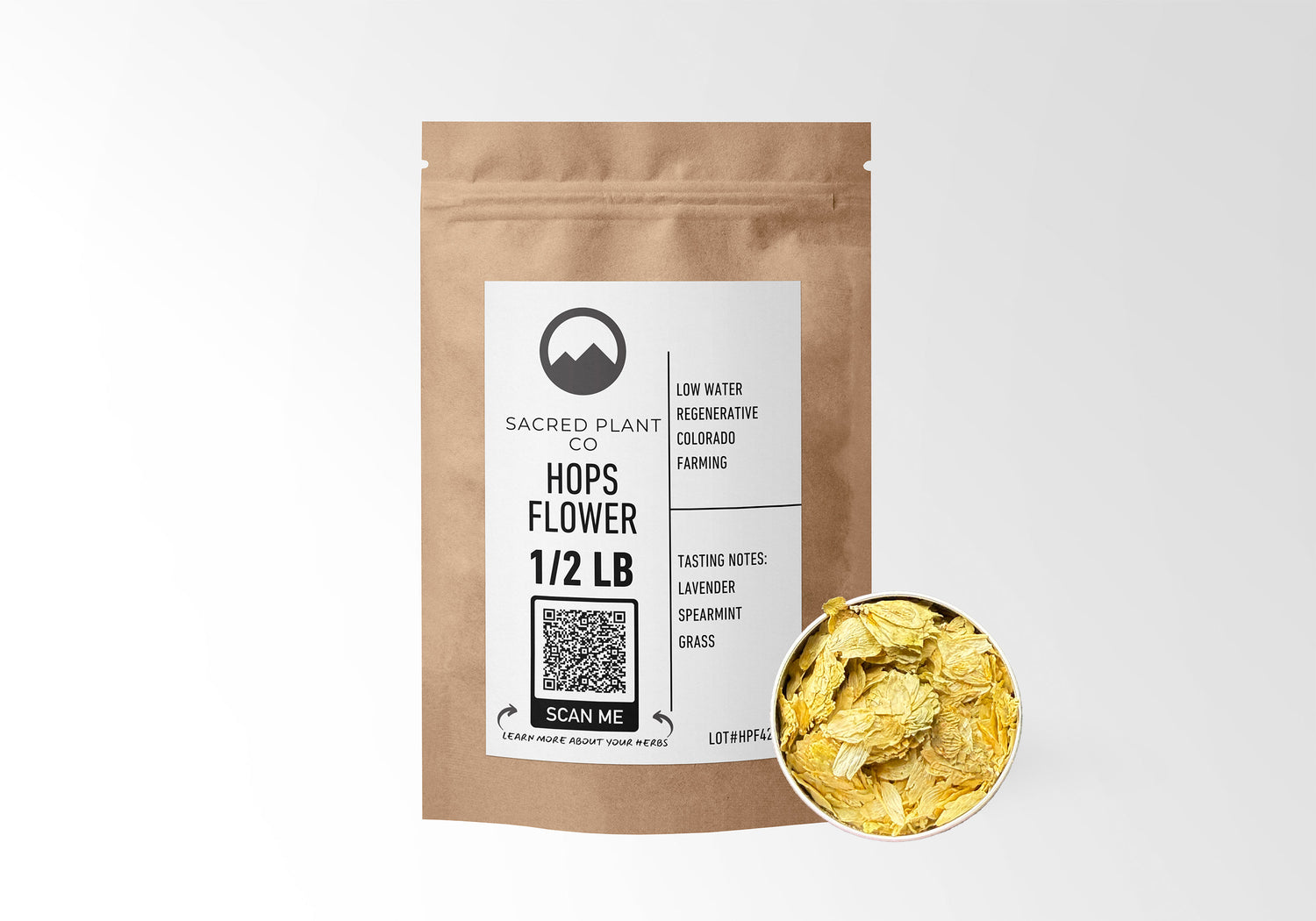 Sacred Plant Co Hops Flower 1/2 LB kraft paper packaging with Hops Flower sample in silver tin showcasing sustainably sourced hops flowers for relaxation and sleep support benefits.