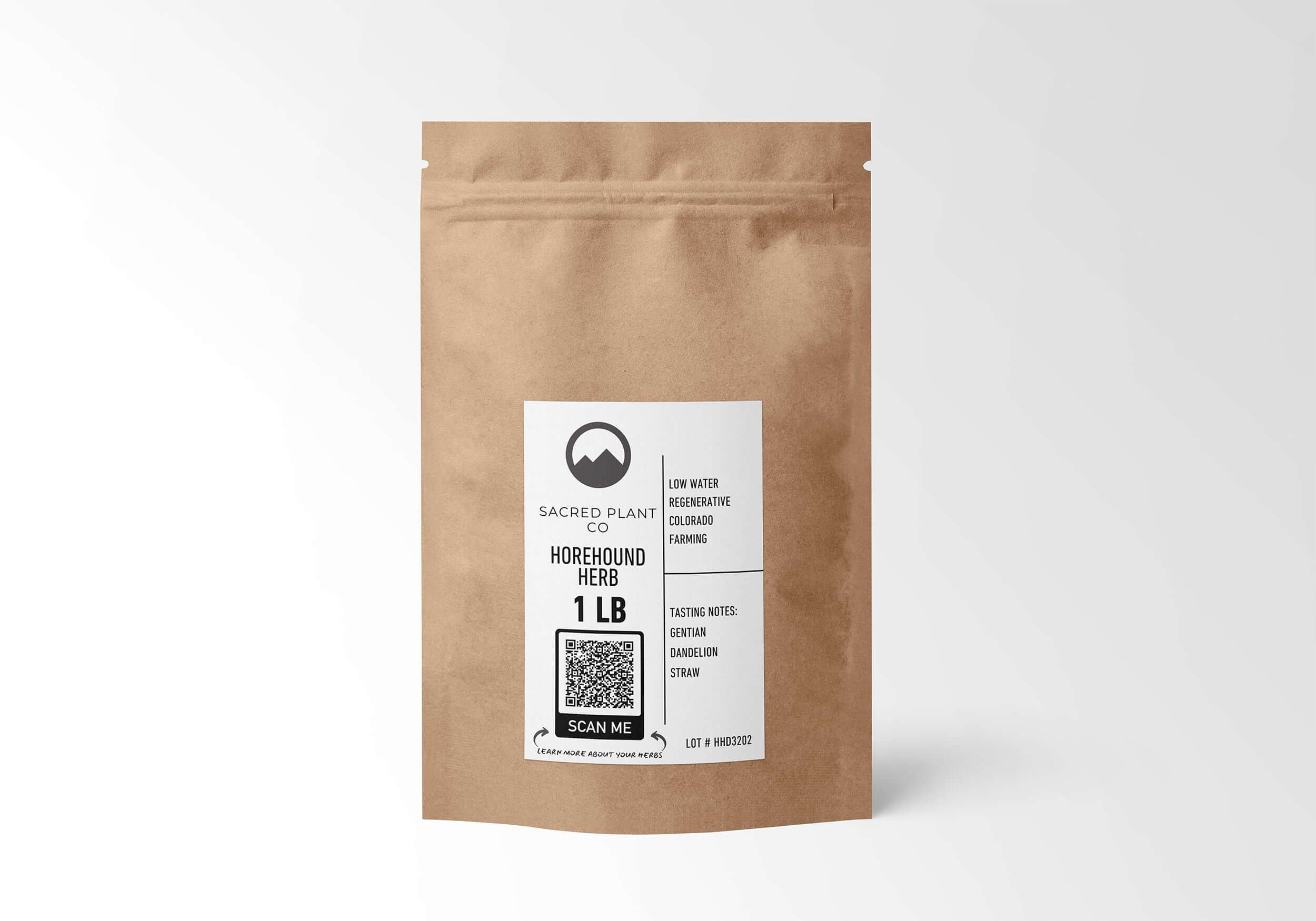 Sacred Plant Co Horehound Herb 1 LB in eco-friendly kraft paper packaging, sustainably cultivated with low water regenerative farming practices. Premium quality herb commonly used for soothing sore throats, featuring notes of Gentian, Dandelion, and Straw.