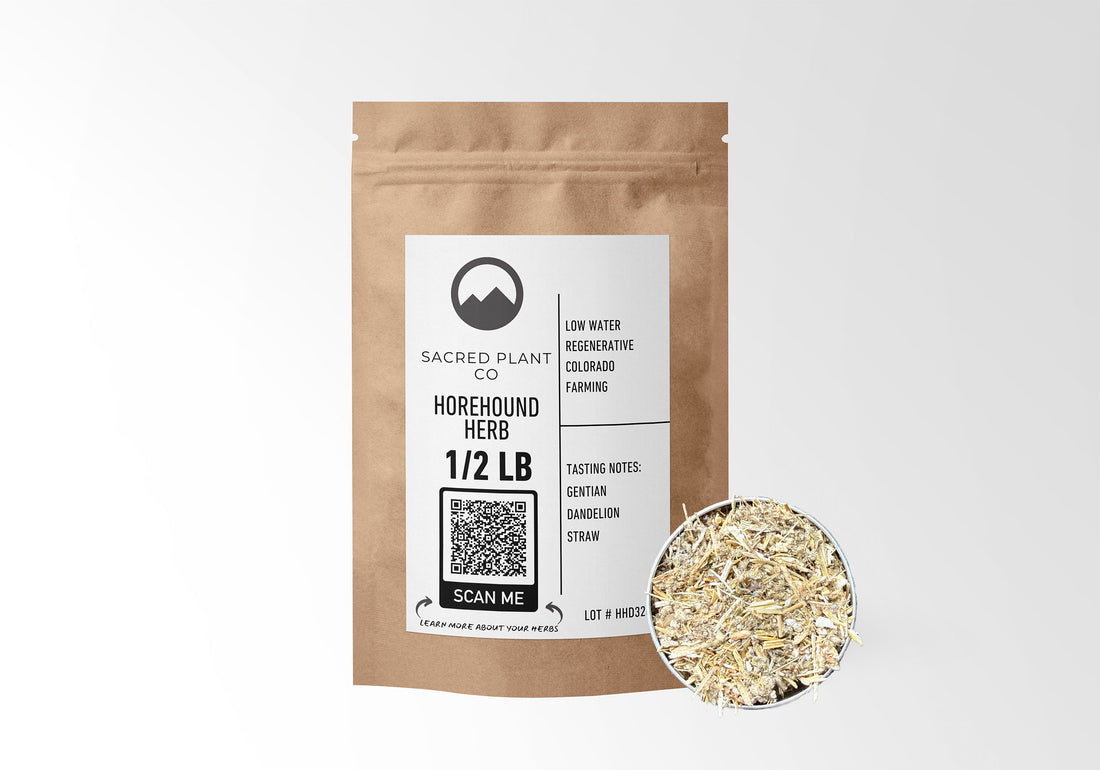 Sacred Plant Co Horehound Herb 1/2 LB in eco-friendly kraft paper packaging, sample in a silver tin, traditionally used for respiratory health and cough relief.