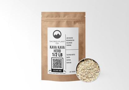 Sacred Plant Co Kava Kava Herb 1/2 LB in kraft paper packaging with a sample in a silver tin, highlighting the use of Kava Kava for promoting relaxation, reducing stress, and supporting restful sleep.