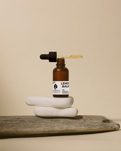 Dropper of Sacred Plant Co Lemon Balm Tincture mid-extraction, poised above serene stones, embodying the high-quality, organic lemon balm extract.