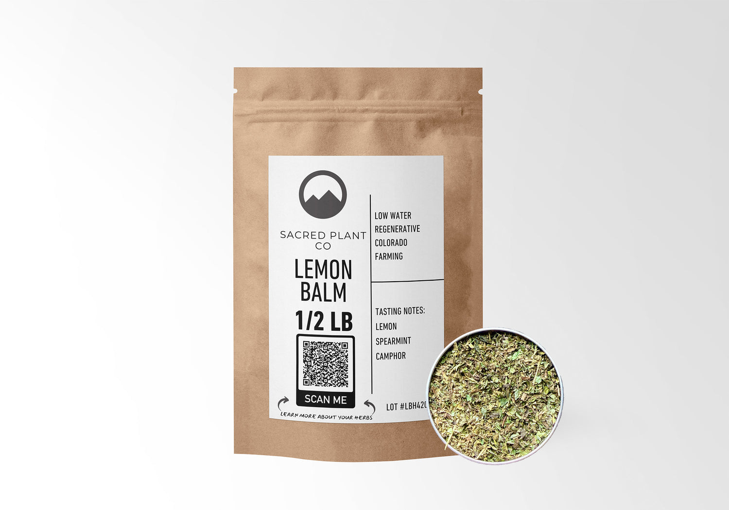 Lemon Balm 1/2 LB by Sacred Plant Co in kraft bag, featuring herb sample in silver tin, regenerative farming, natural health remedy.